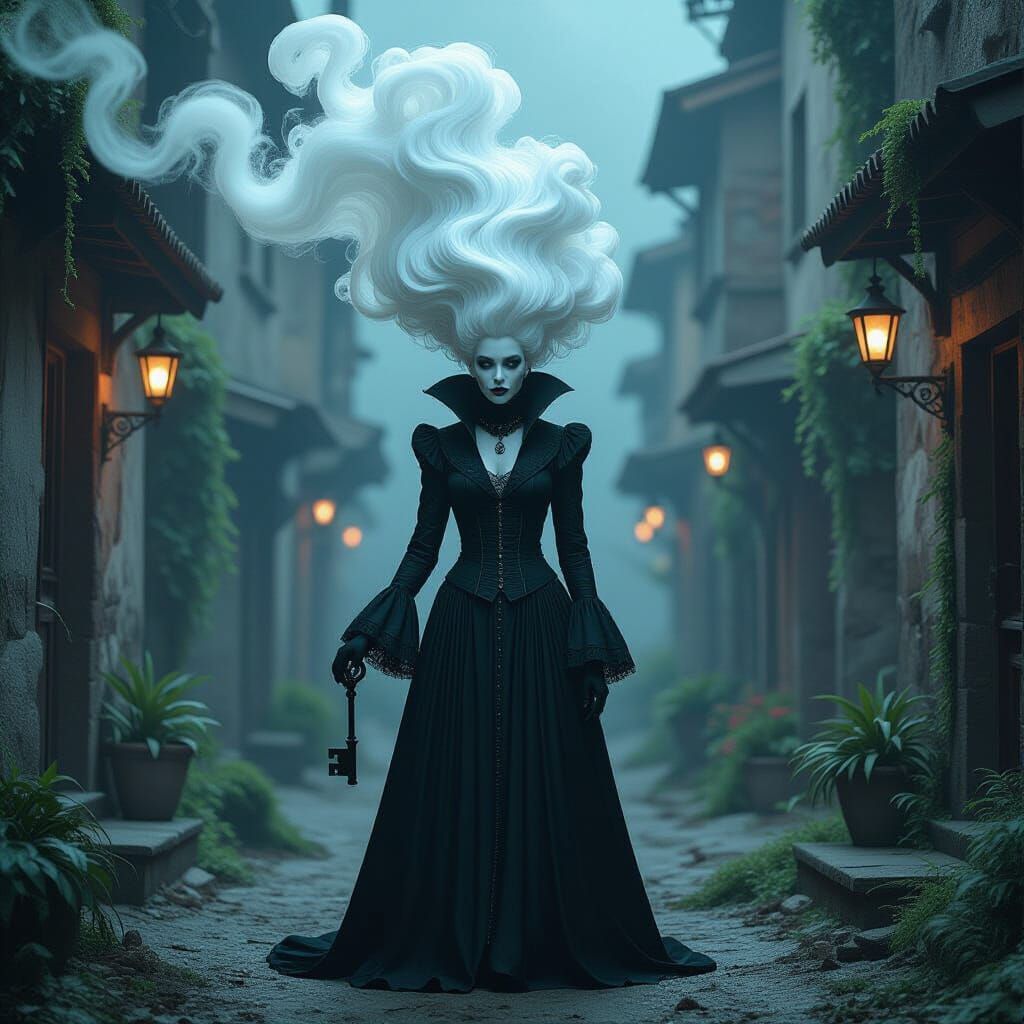 Goth Figure in Overgrown Marketplace with Biopunk Flora