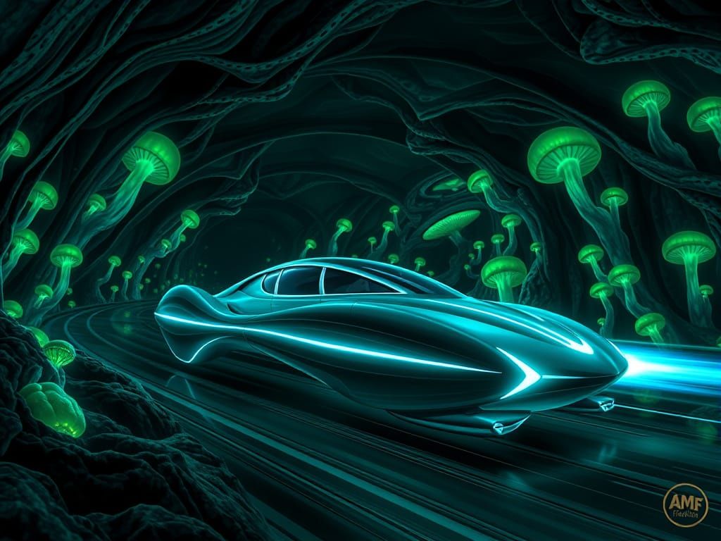 Futuristic Flying Car Speeds Through Bioluminescent Crystal ...