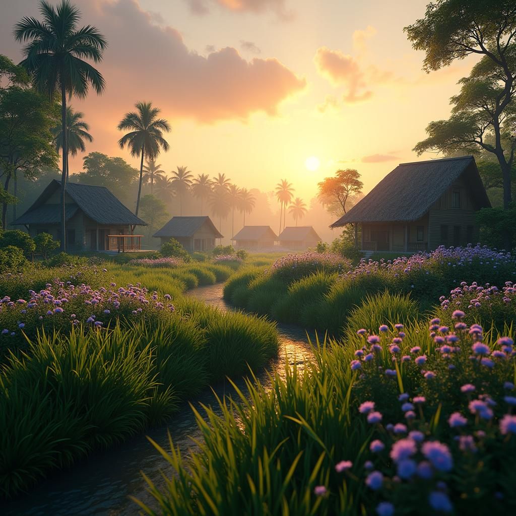 Kerala Village at Dusk in Detailed Matte Painting