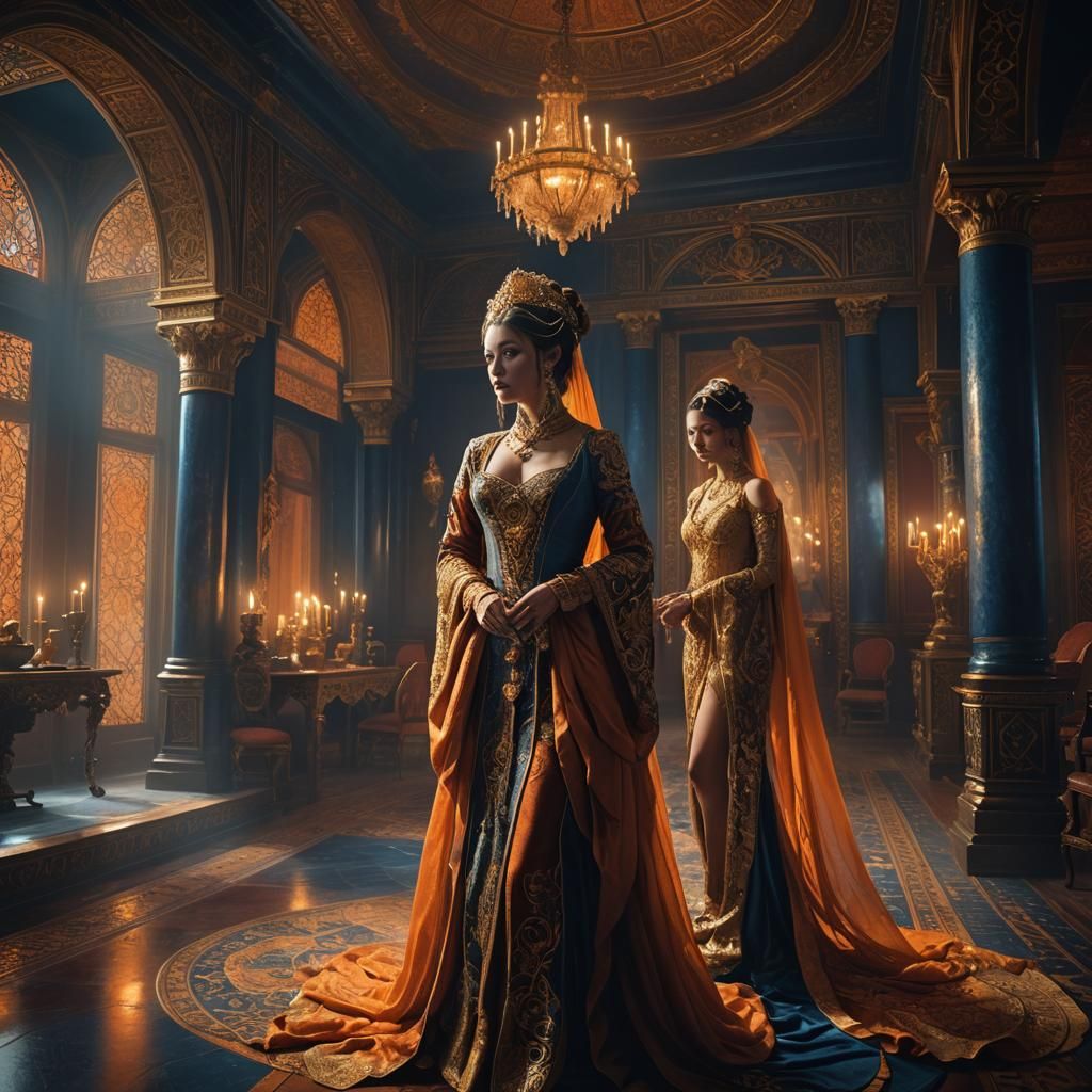 Mysterious Courtesan in Ornate Room: Fantasy Concept Art