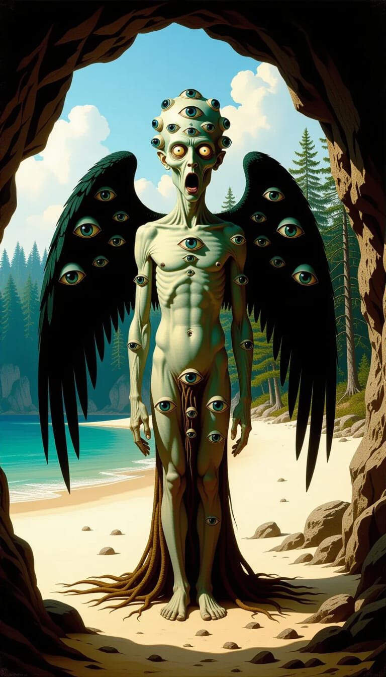 Eldritch Figure in Cave Entrance as Surreal Visionary Art