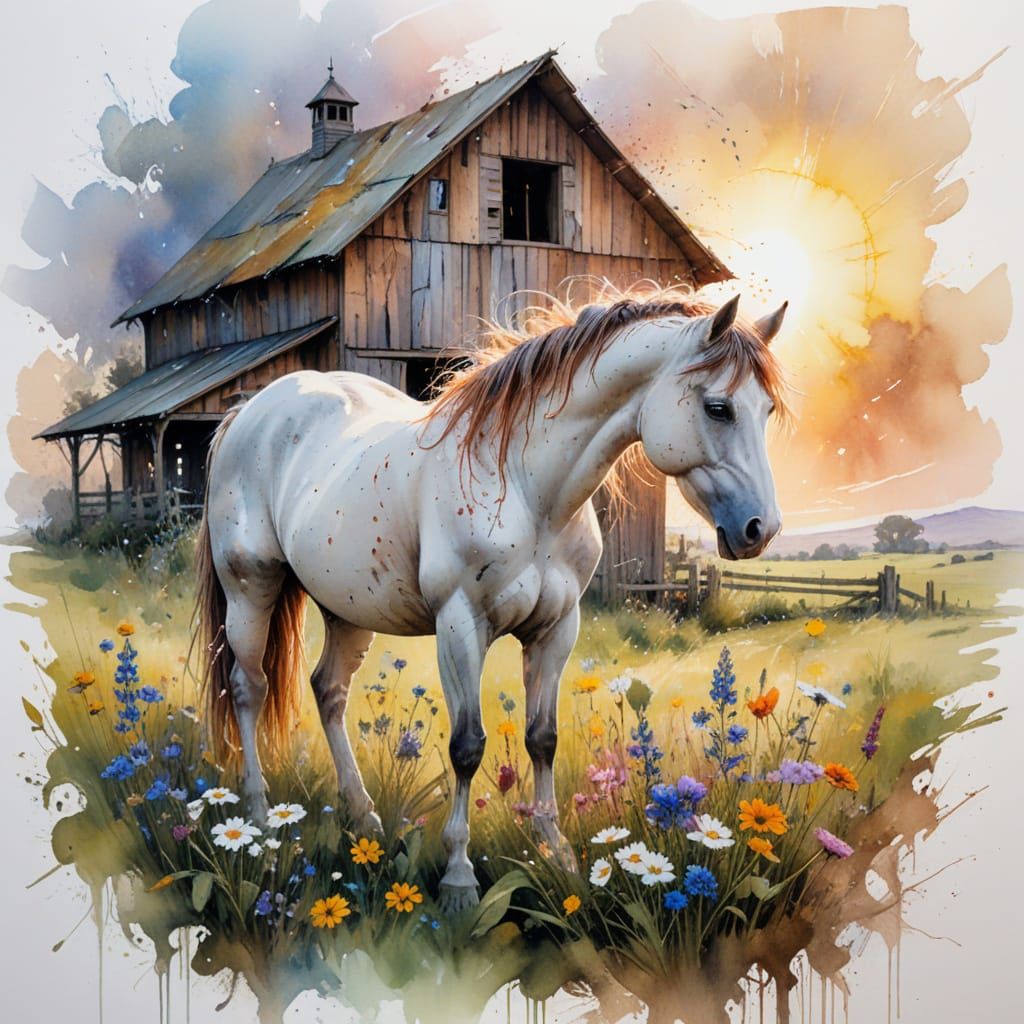 Peaceful Countryside Farmhouse Amidst Blooming Wildflowers a...