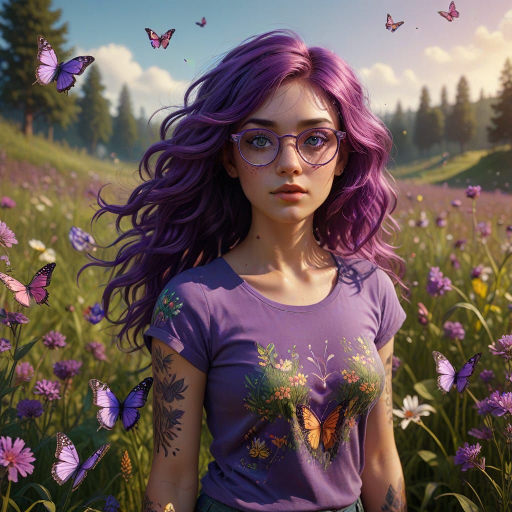 Surreal Double Exposure: Violet-Eyed Woman in Meadow