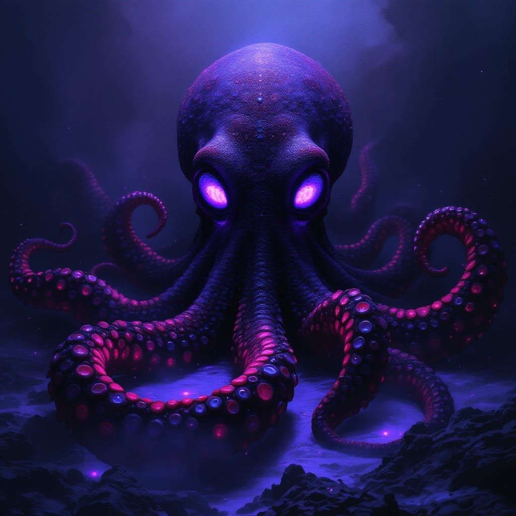 Bioluminescent Octopus with Piercing Eyes in Dark Mystical S...