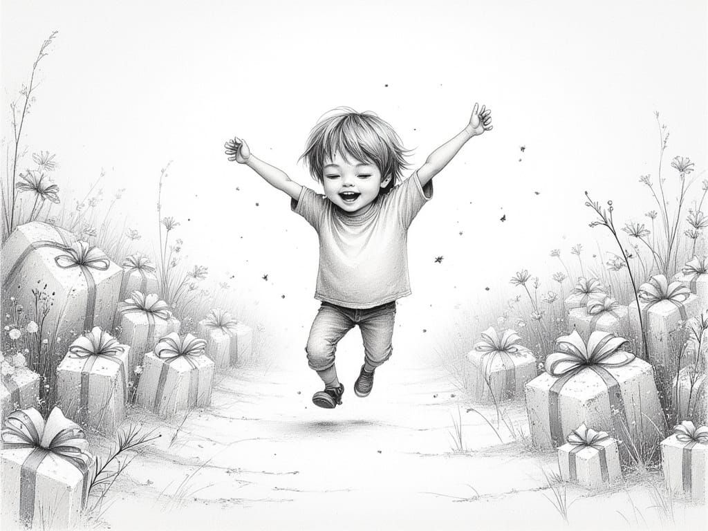 Joyful Boy Dancing in Christmas Presents Field