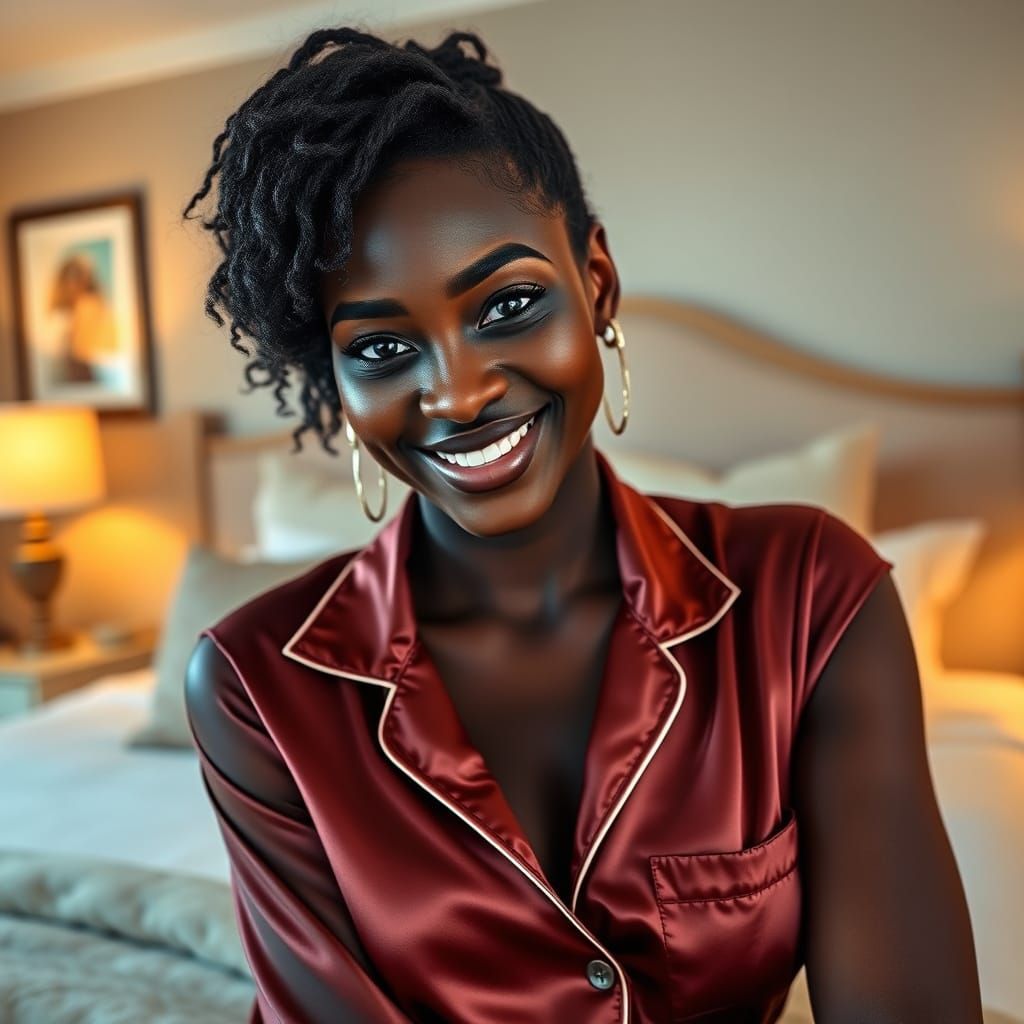 A Dark-Skinned Woman in Luxurious Pajamas, Surrounded by Opu...