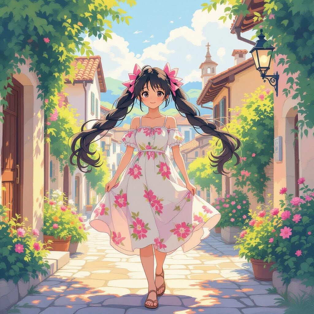 Anime Girl in Pastel Cityscape, Ghibli-Inspired