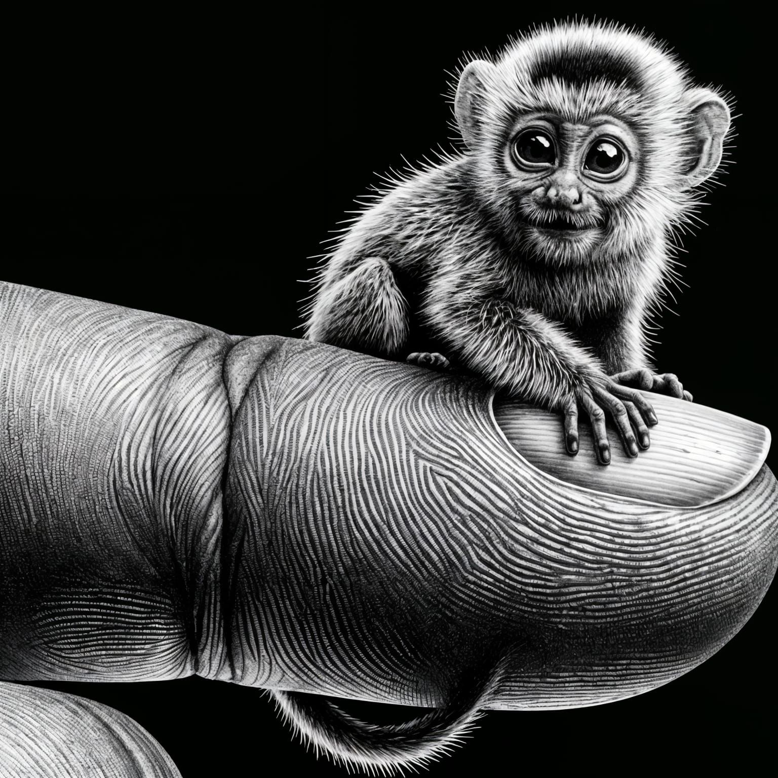 Intricate Black and White Monkey on Human Finger Art
