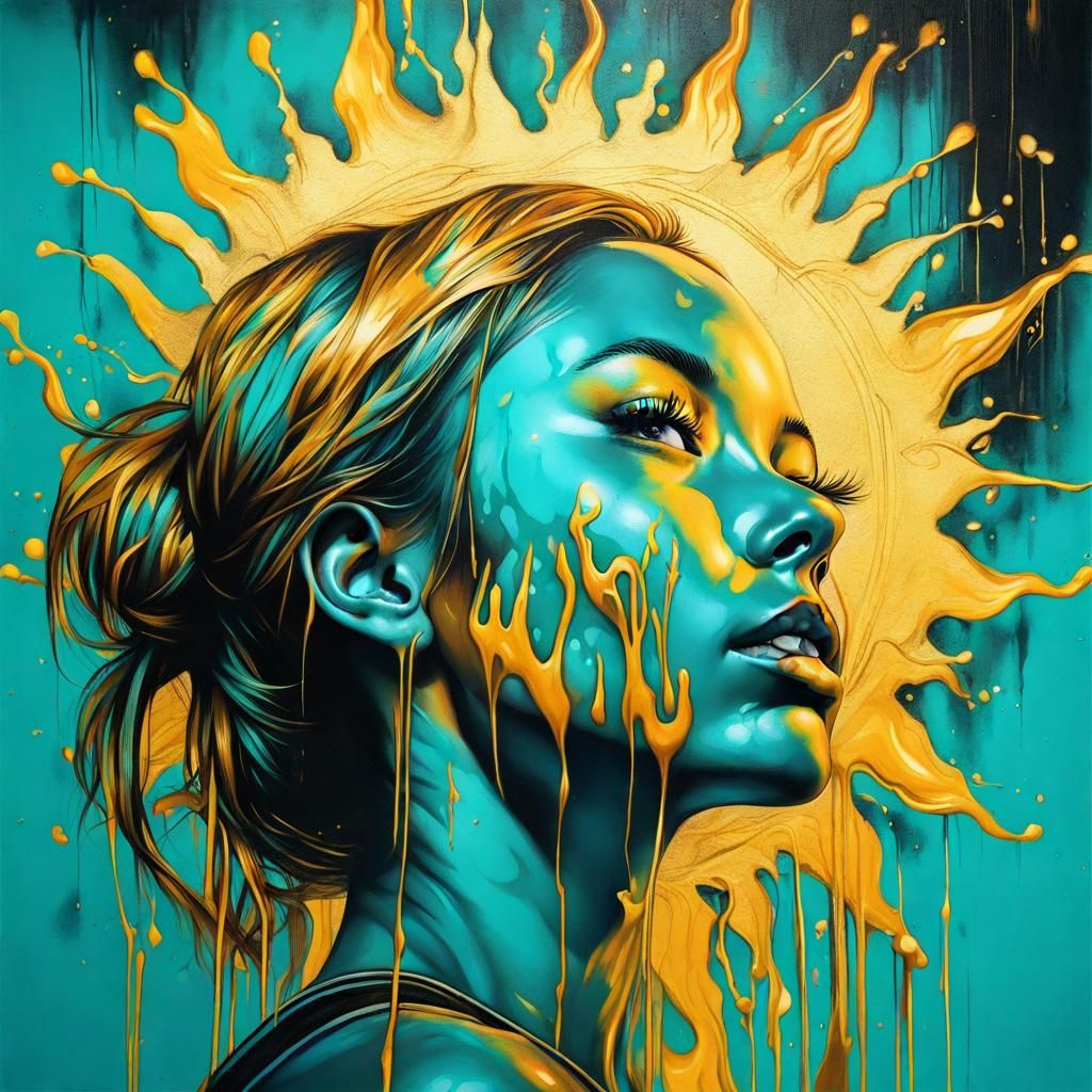 Turquoise Flame Girl Portrait with Golden Sun
