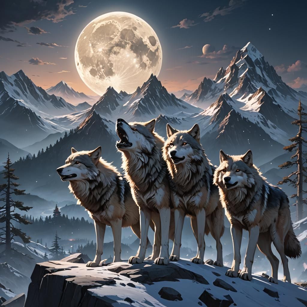 Wolves Howling at Moon, 3D Anime Art