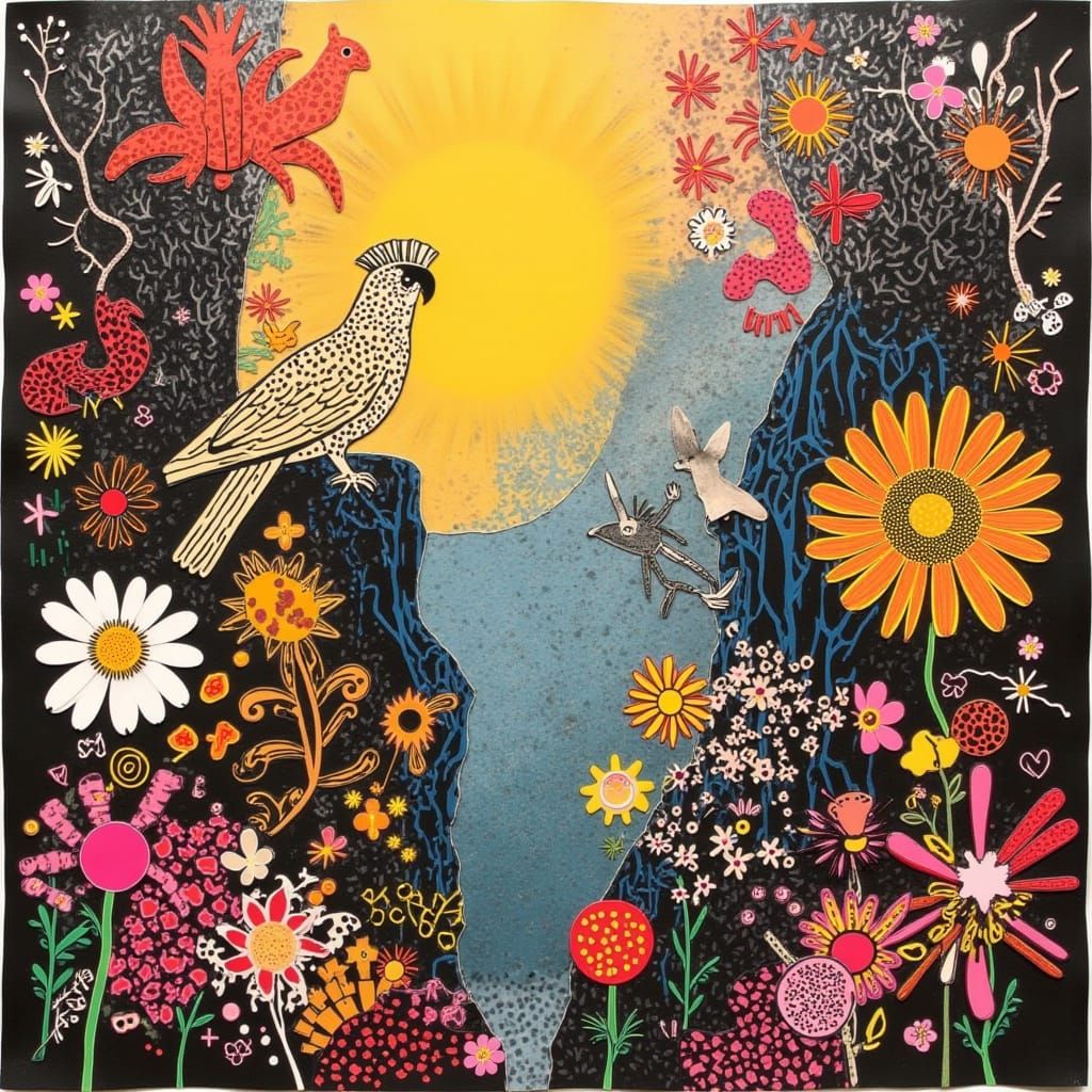 Surreal Cockatoo Among Luminous Blooms and Canyon Sunset