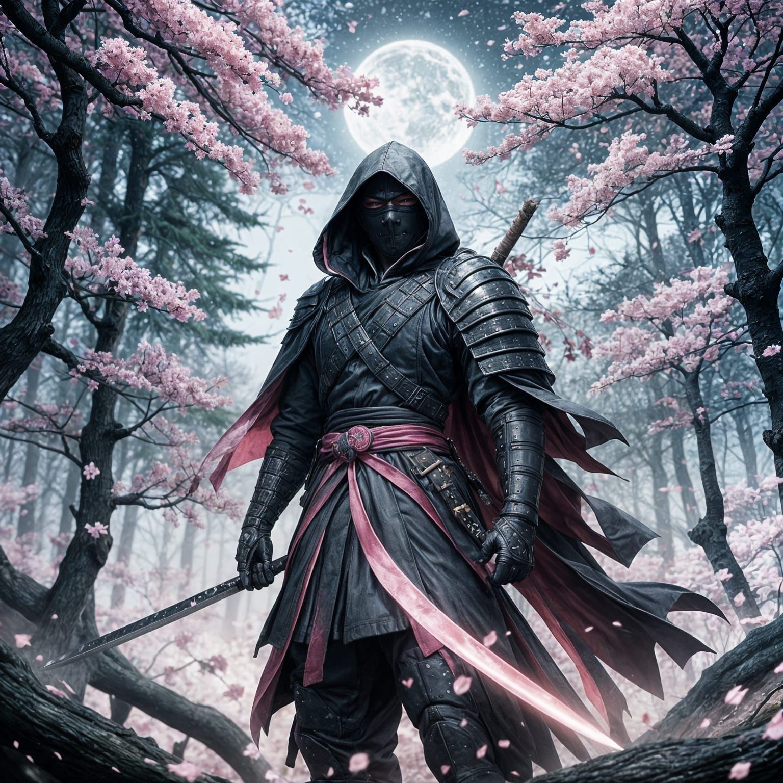 Samurai in Sakura Forest Under Crescent Moon