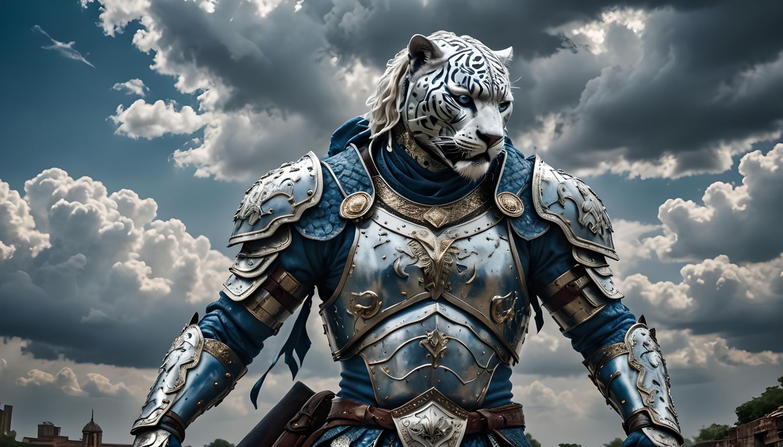 Injured White Panther Warrior in Damaged Armor