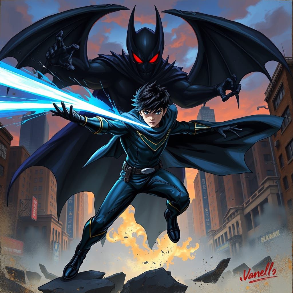 Heroic Deku Battles Dark Shadow in Urban Cityscape