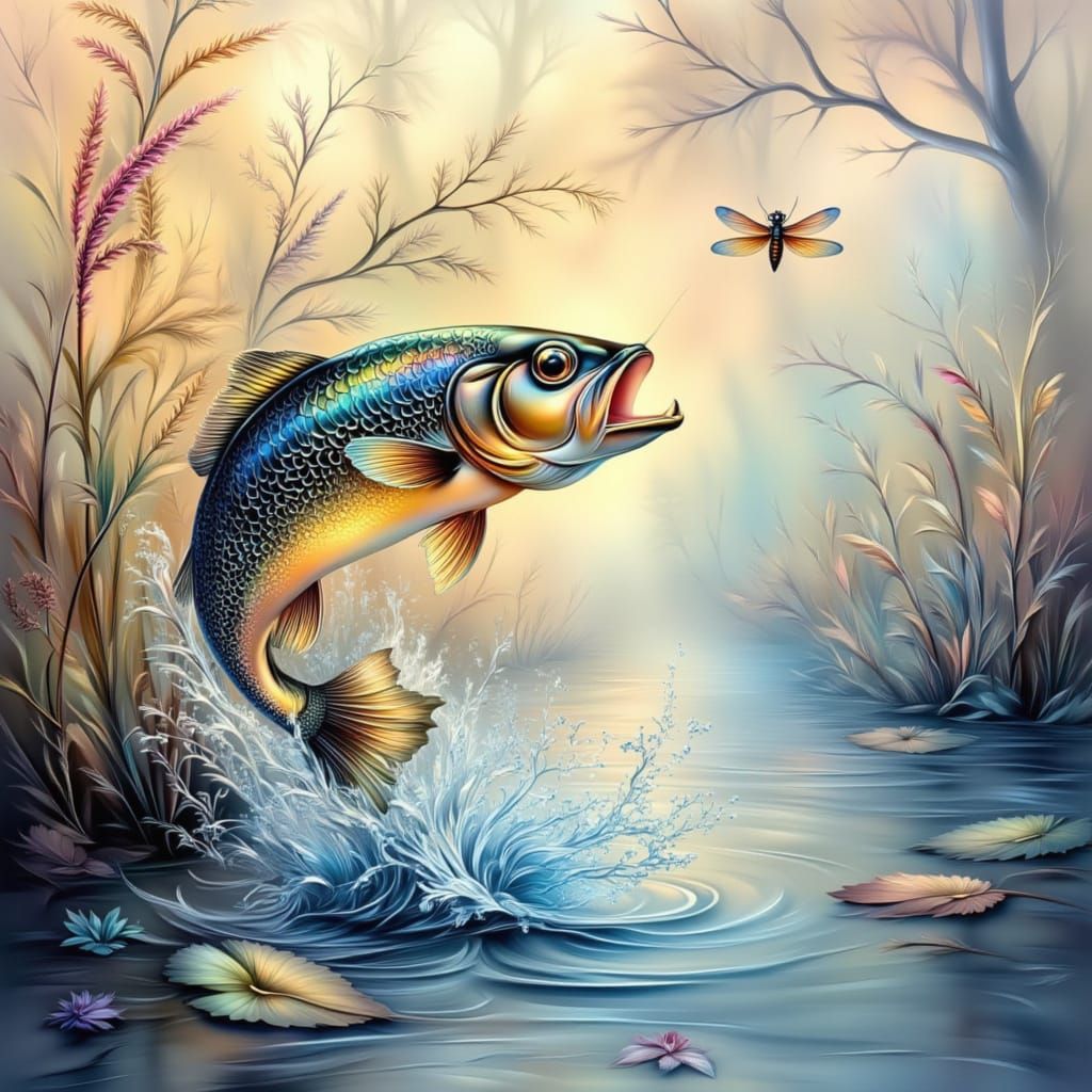 Iridescent Bass in Summer Lake Scene, in Impressionist Water...