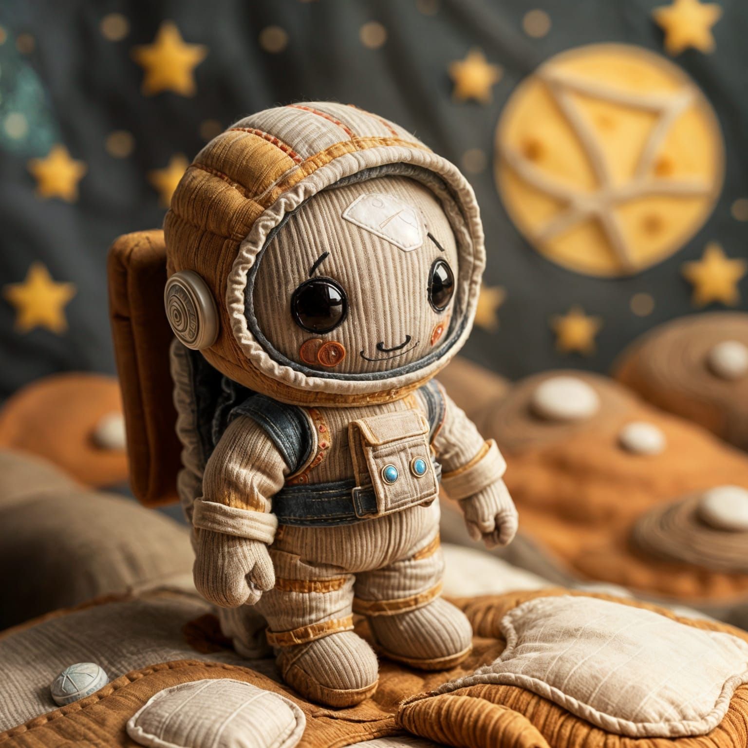 Whimsical Sackboy in Quilted Moonscape Folk Art