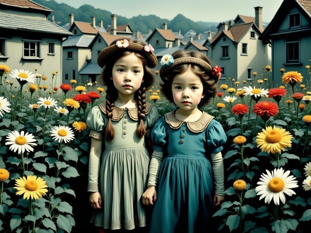 Children Tend Bright Flowers Amidst Gray Buildings