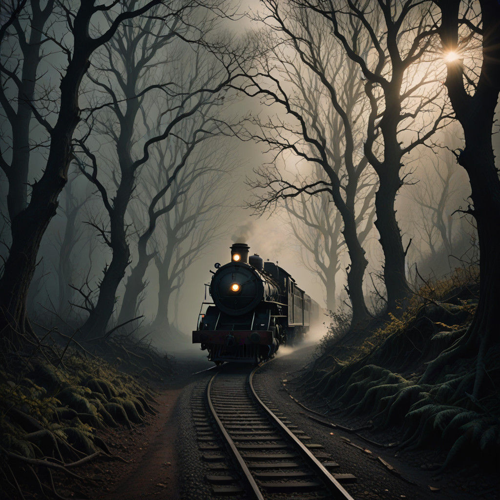 Steam Train Enters Haunting Forest Landscape in Dark Fantasy...