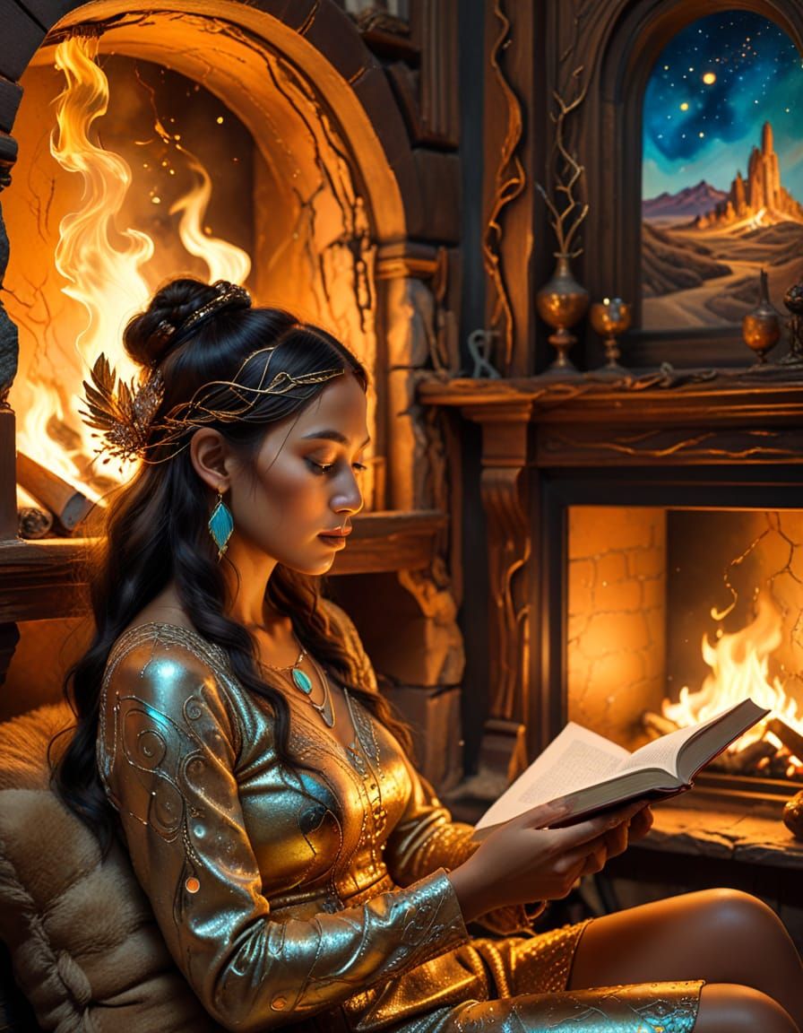 Native American Woman Reading in Surreal Library