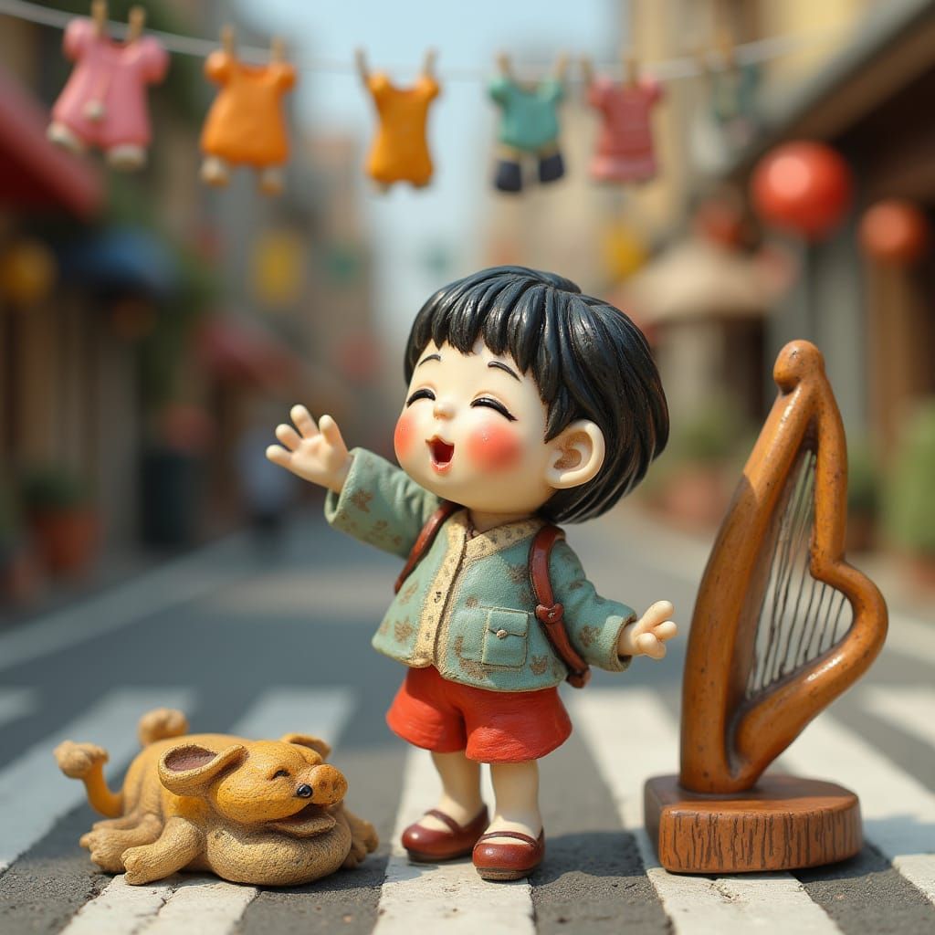 Playful Netsuke Figure at Crosswalk Scene