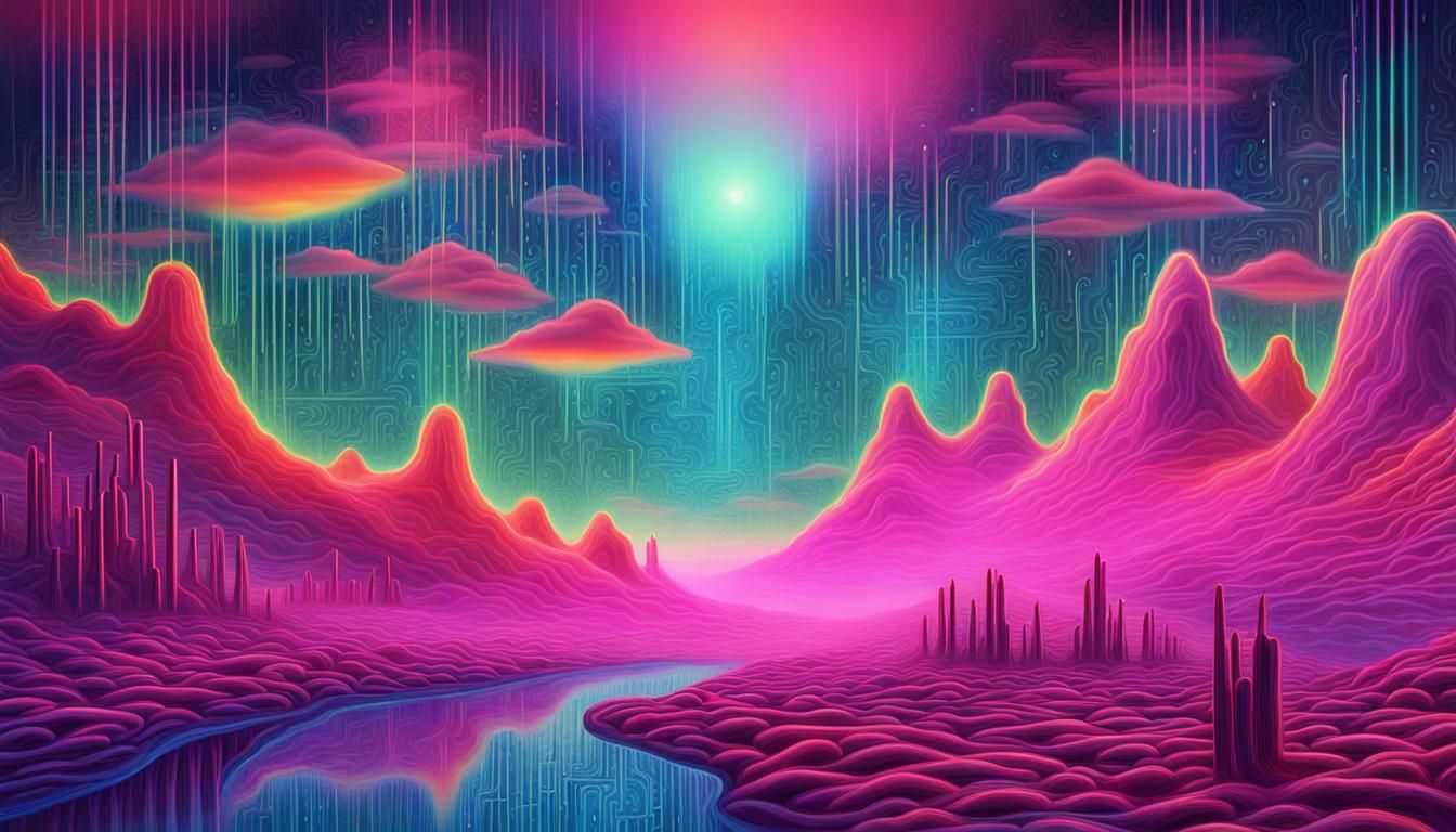 Binary Code Dream: Cybernetic Landscape in Neon