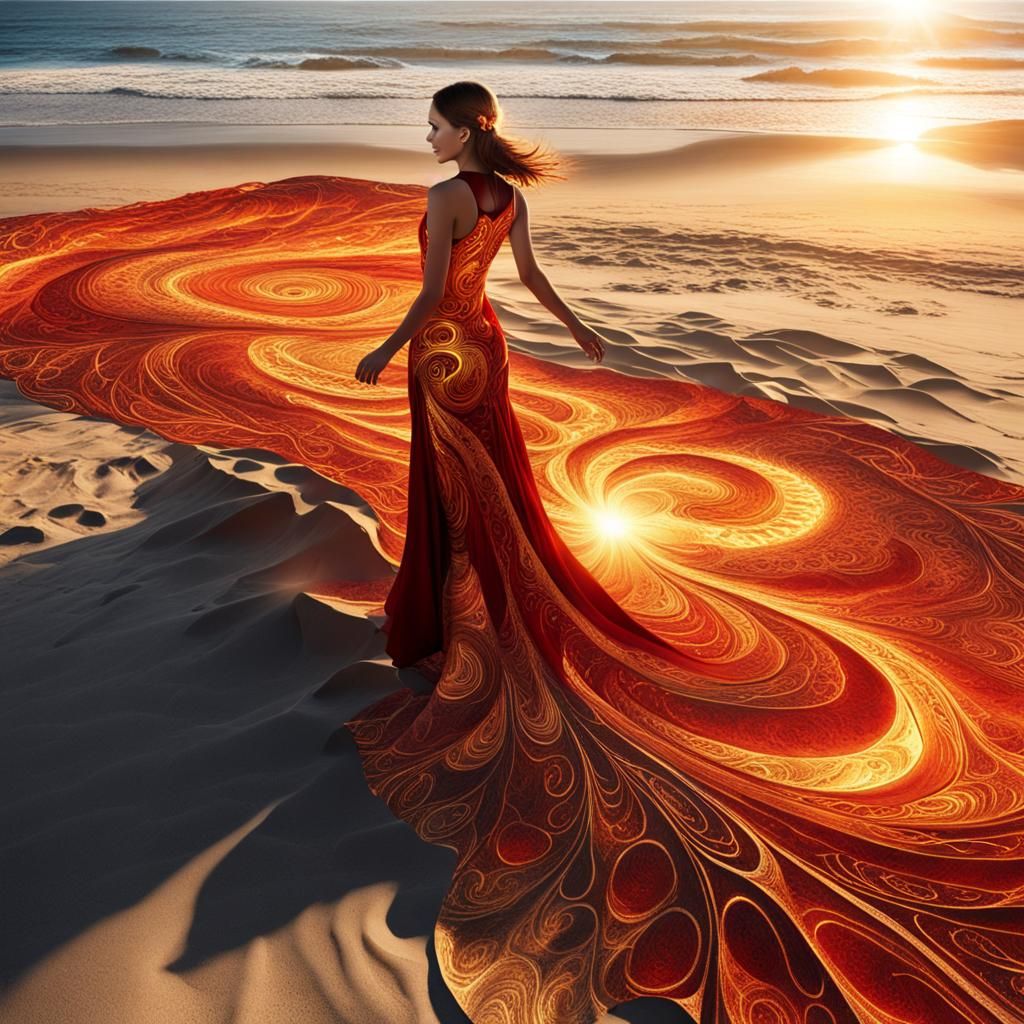 Golden Lava Dress on Fractal Beach: Digital Watercolor