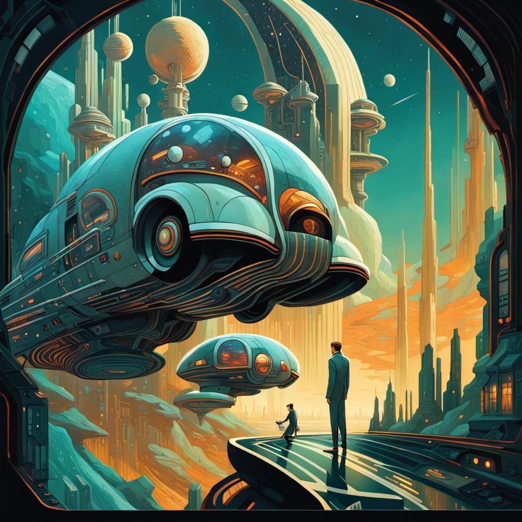 Retro-Futuristic Art Deco Car on Space Planet