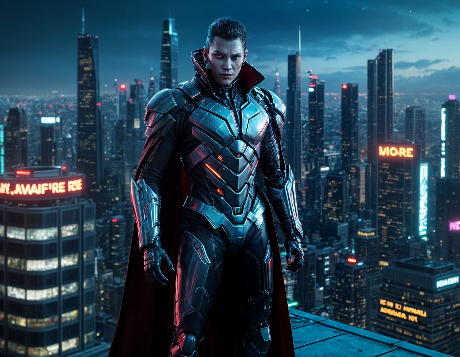 Futuristic Cyborg Vampire in Cyberpunk Cityscape