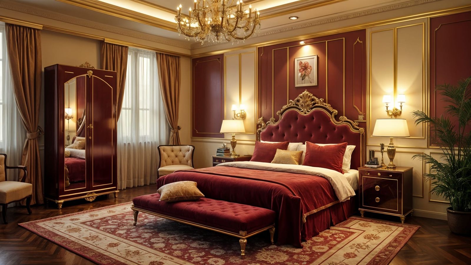 Opulent Art Deco Bedroom with Burgundy and Gold