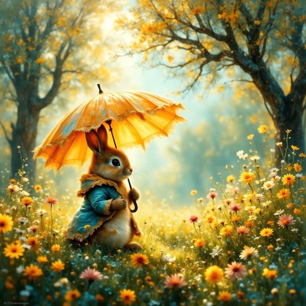 Ethereal Spring Bunny in Whimsical Meadown Scene