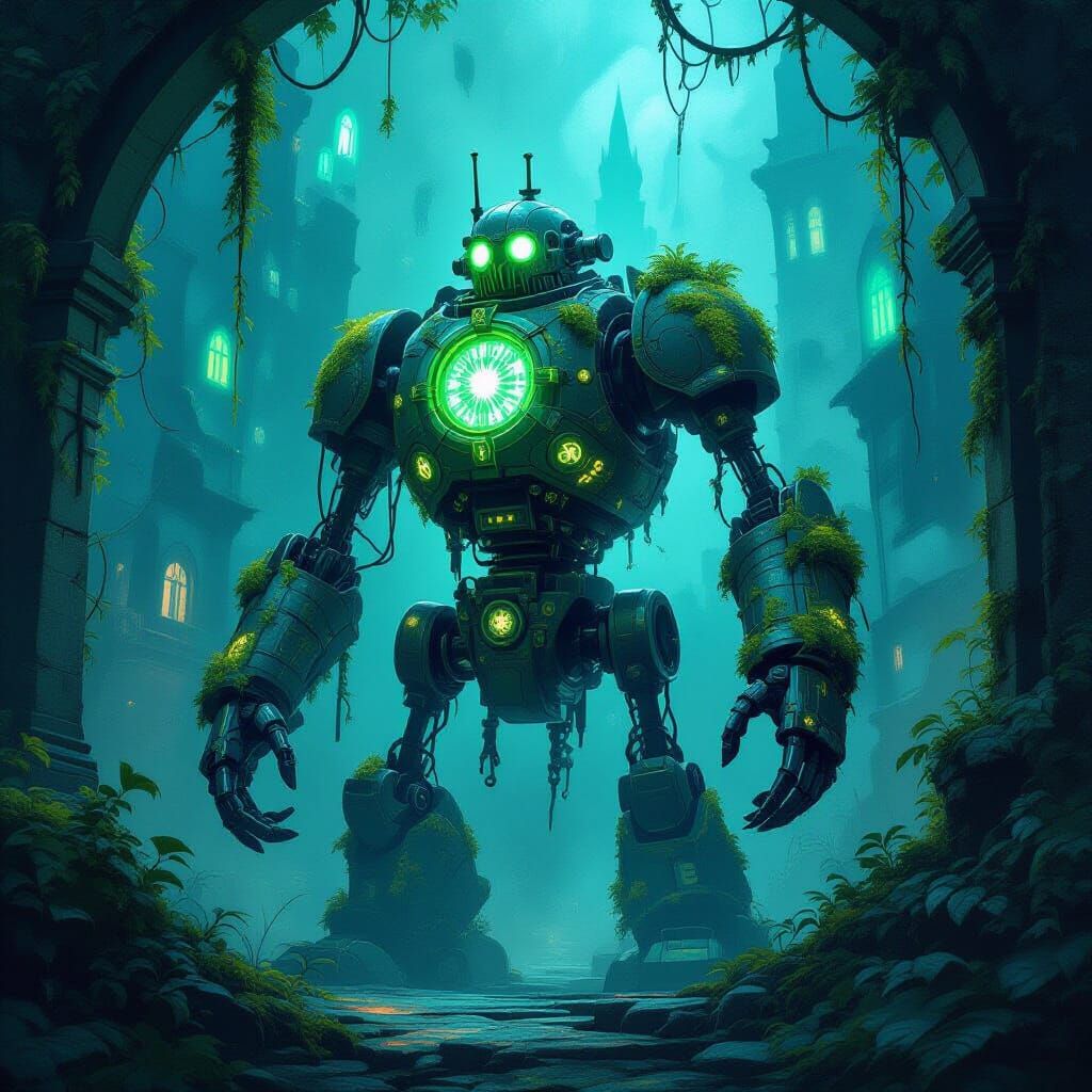 Ancient Automaton Guards Bioluminescent City Digital Paintin...