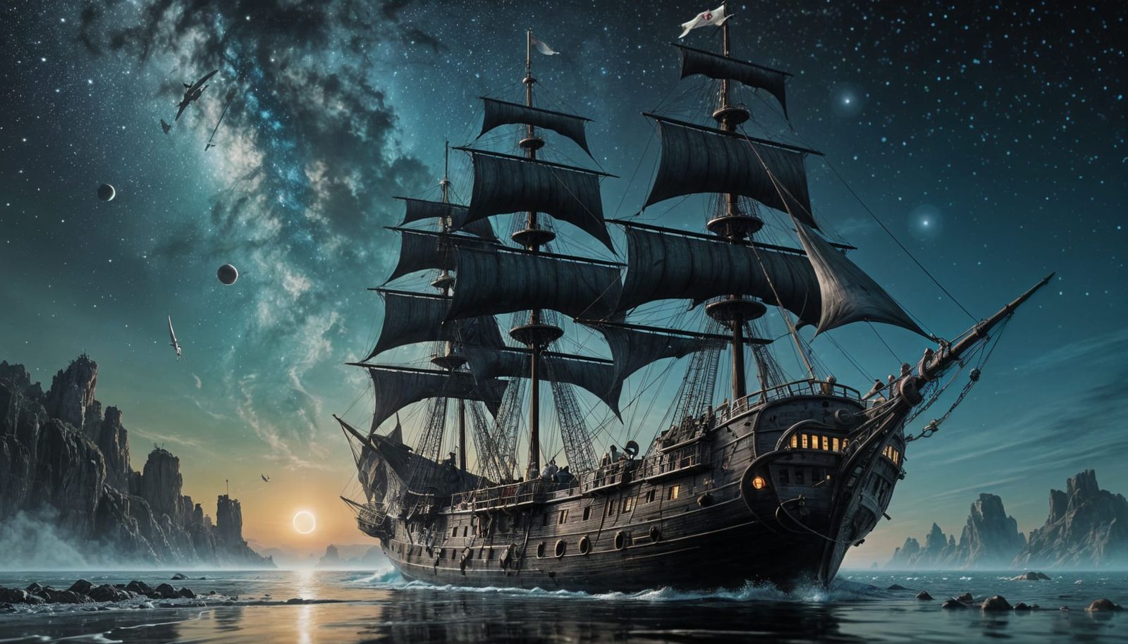 Majestic Space Pirate Ship Soars Through Cosmic Nebula