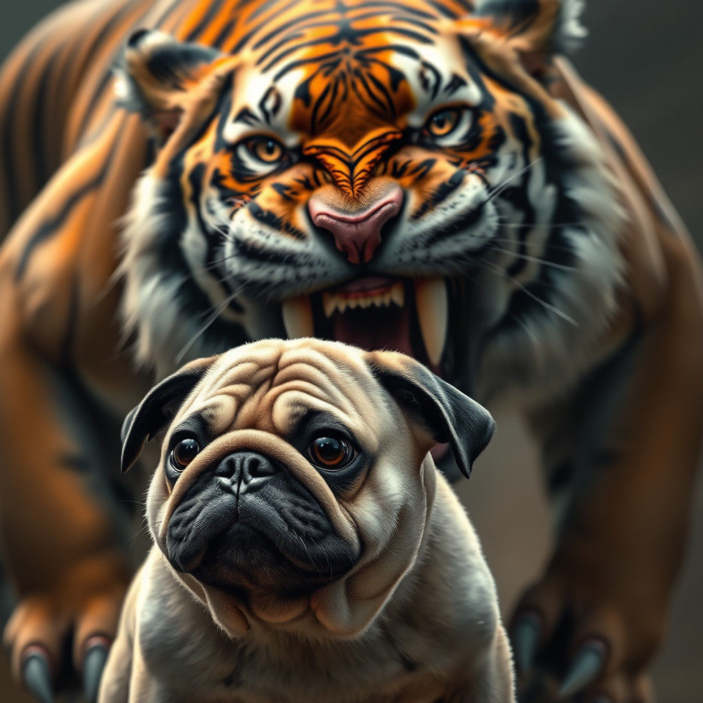 Hyper Realistic Pug Running from Ferocious Tiger