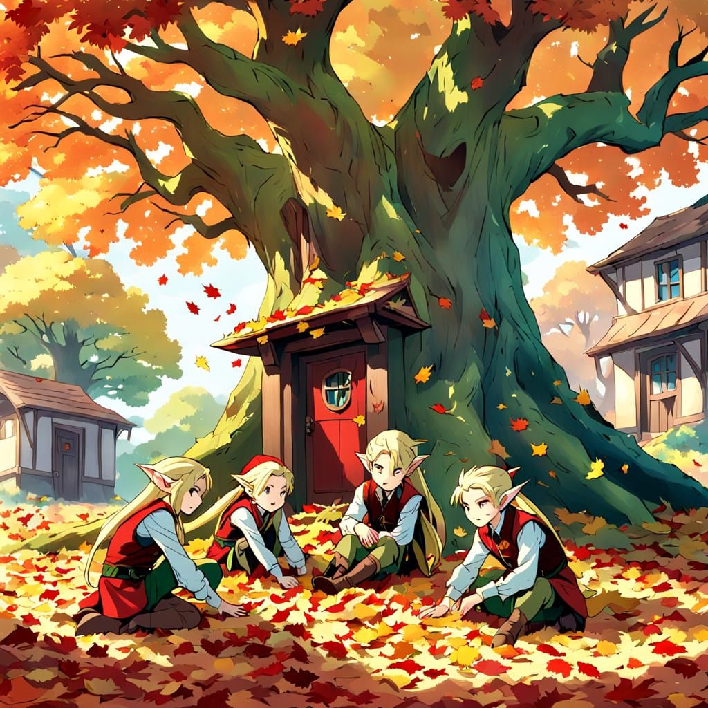 Elves in Waistcoats Play in Autumn Leaves Outside Oak Tree H...