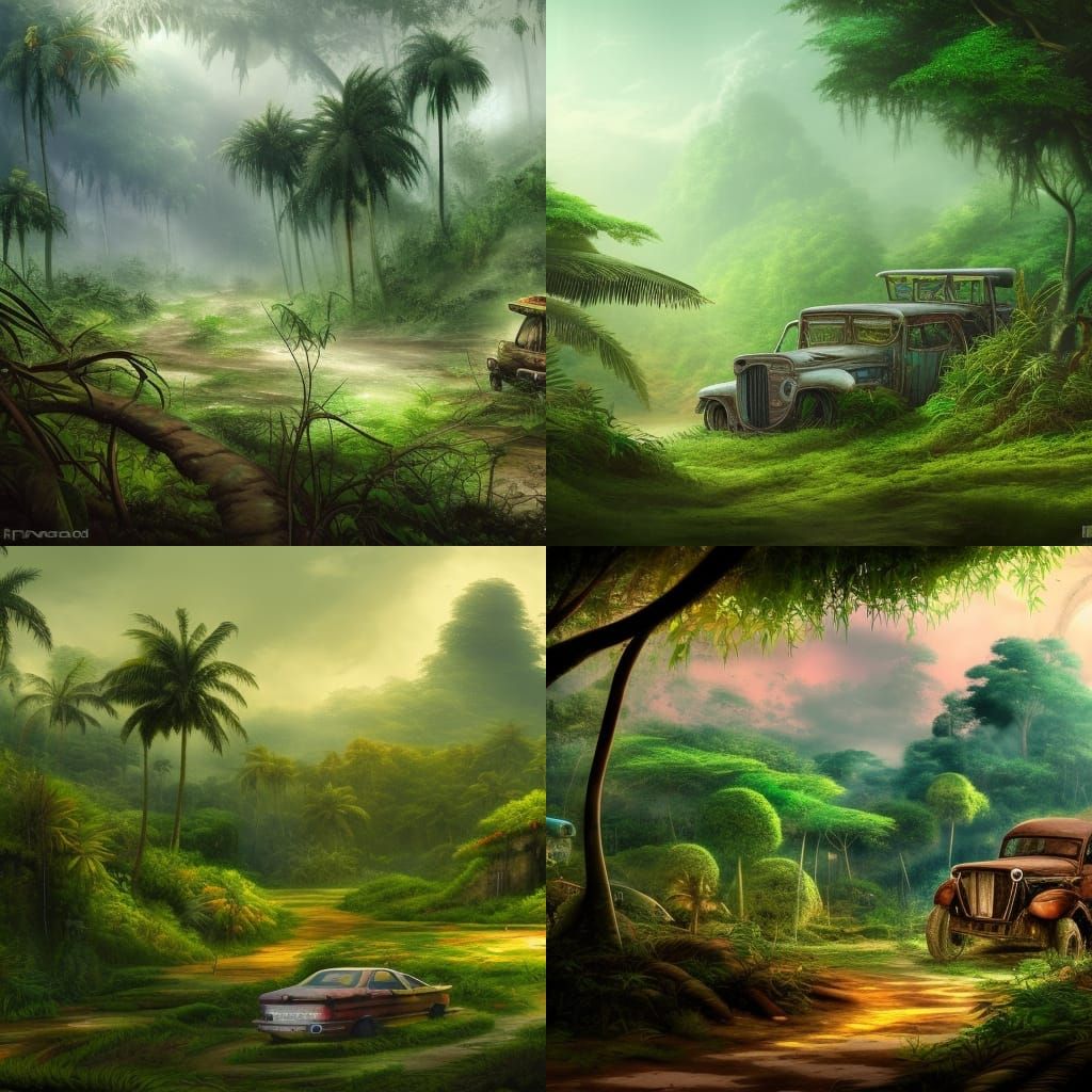 Jungle Road with Abandoned Cars: Fantasy Concept Art