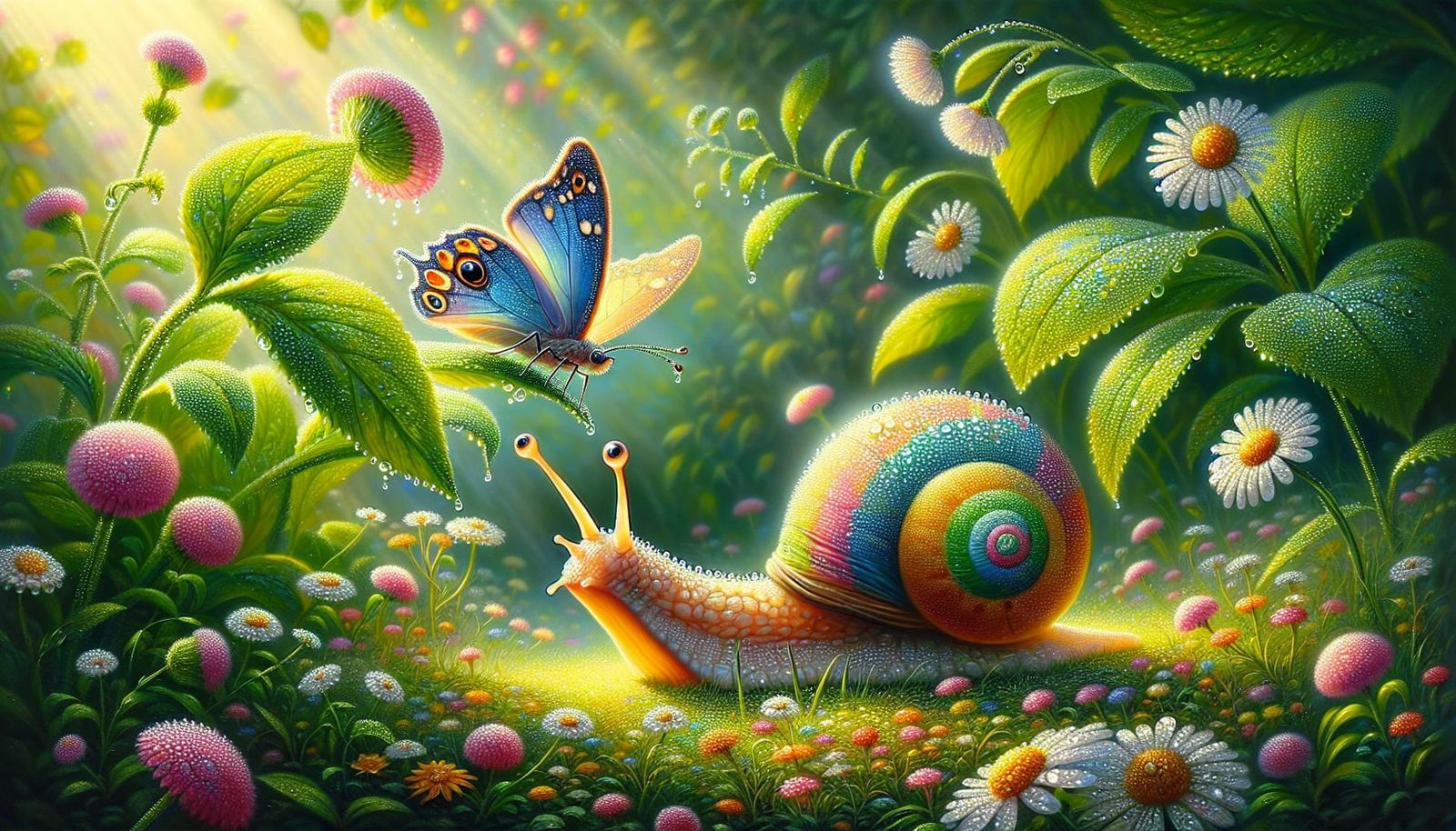 Butterfly and Snail Garden Scene as Impasto Painting