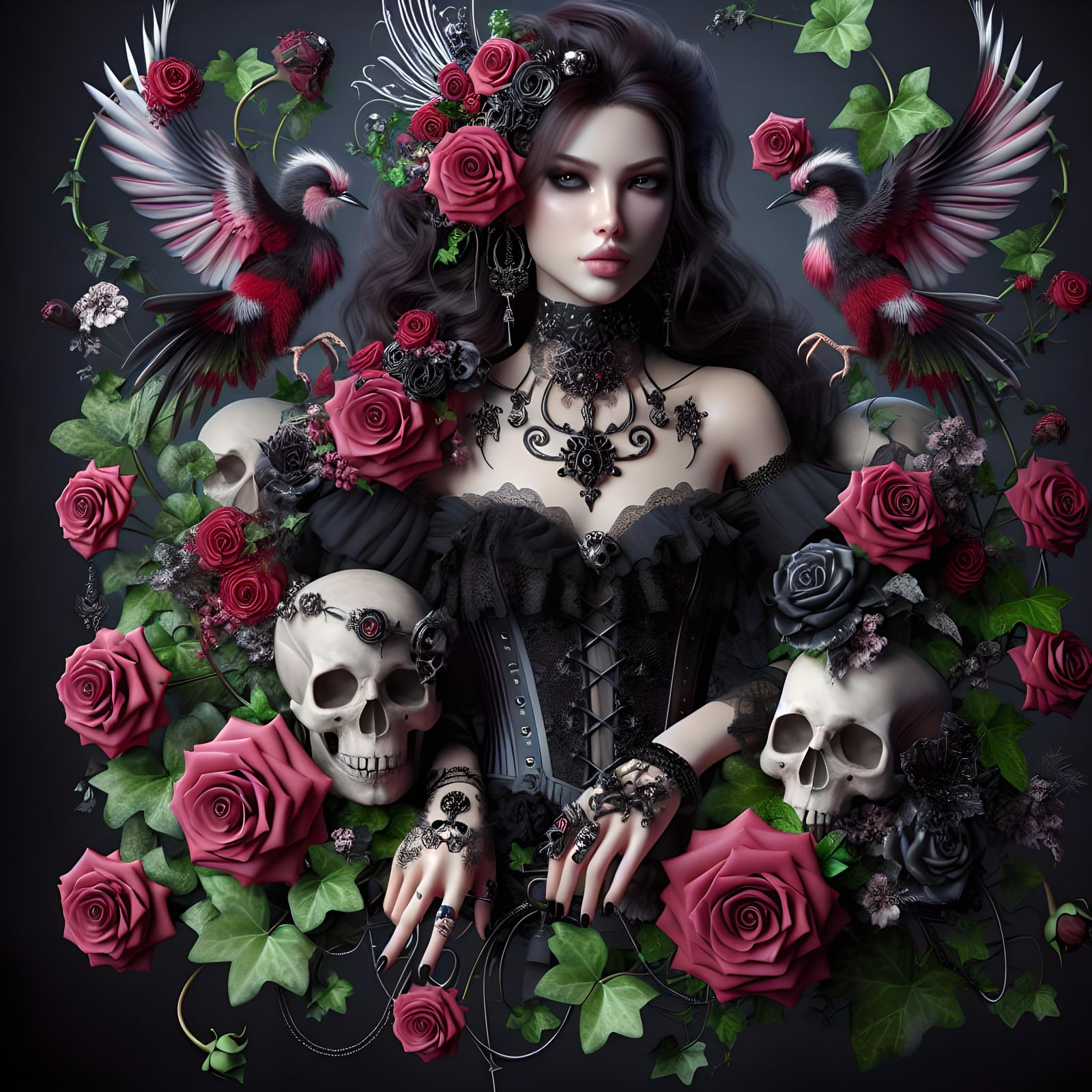 Woman, gothic, Emilie Autumn, roses, skulls, ivy, hyper real...