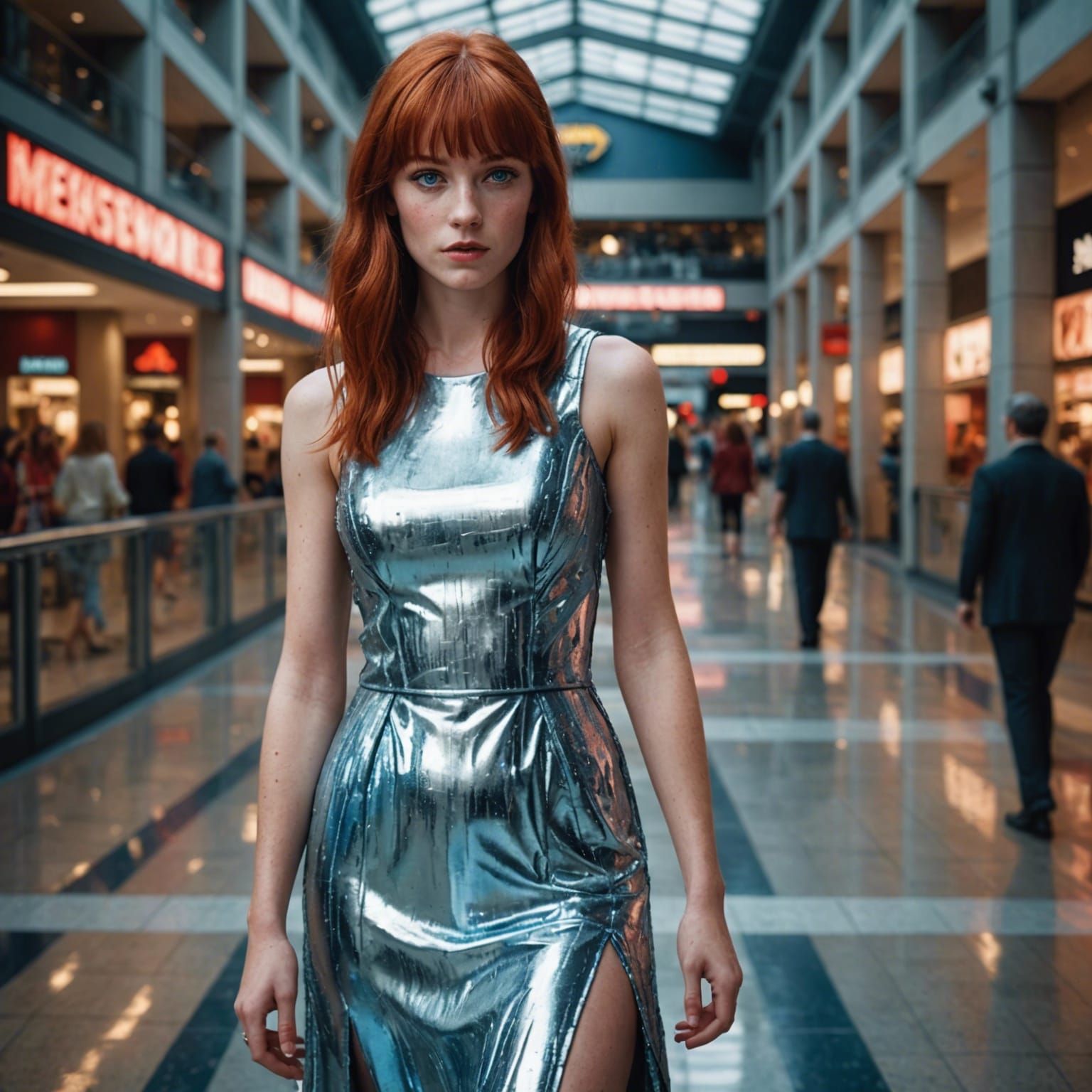 Woman in Silver Metallic Dress at the Mall