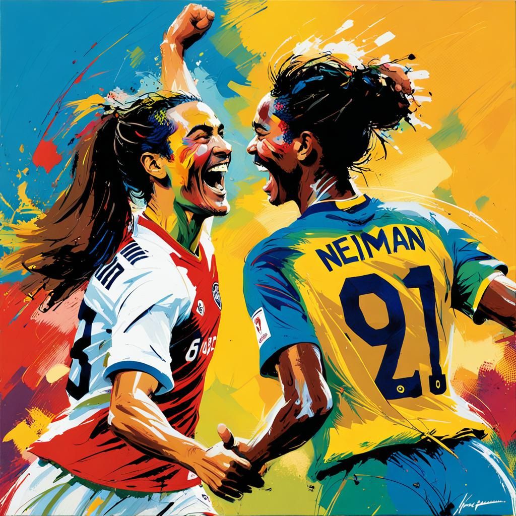Art by LeRoy Neiman, high five shared between two young soccer players celebrating a goal, vibrant field background, joy...