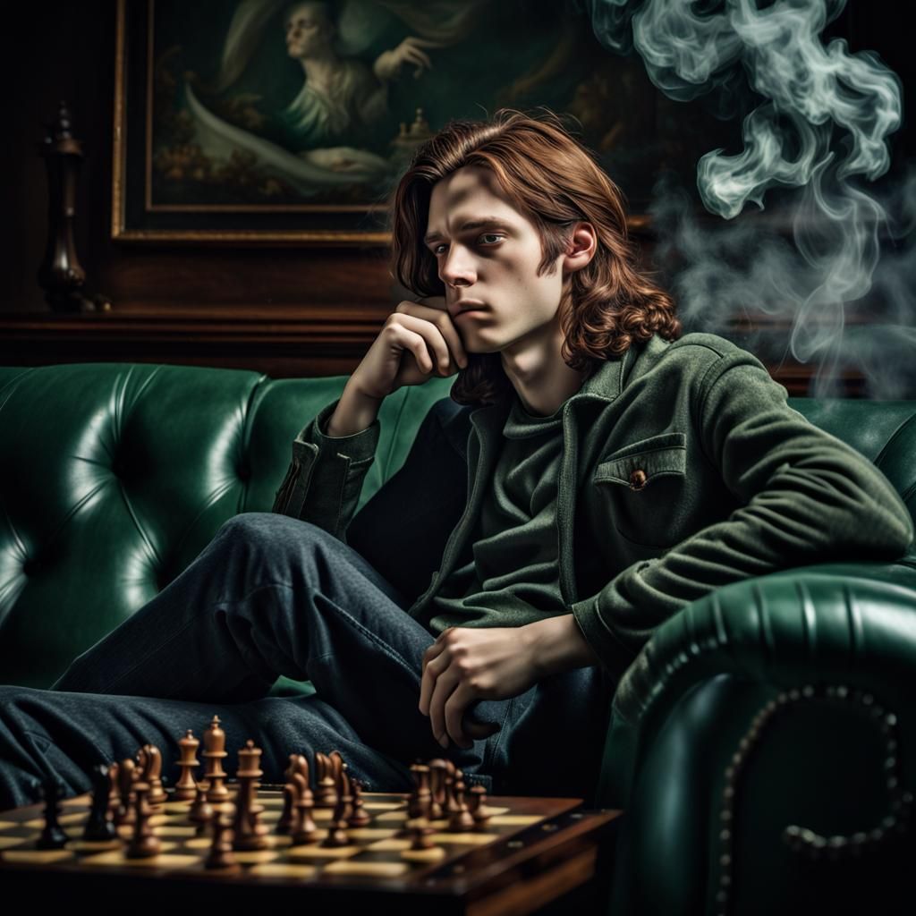 Moody Auburn Haired Man Contemplates Chess Game