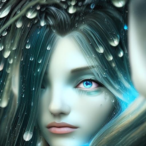 Ethereal Elf Girl Portrait in Rain, Fantasy Art