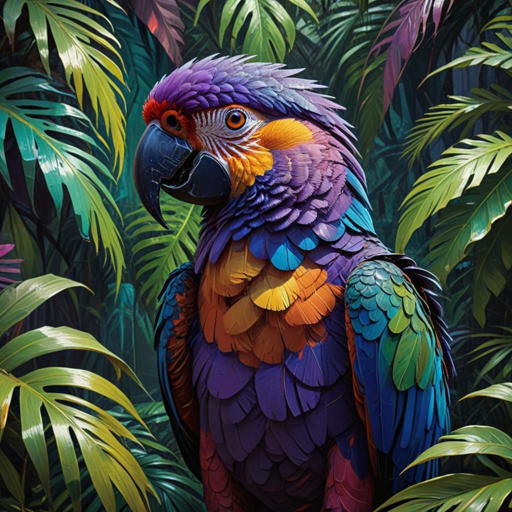 Vibrant Neo-Impressionist Parrot Portrait with Tropical Foli...