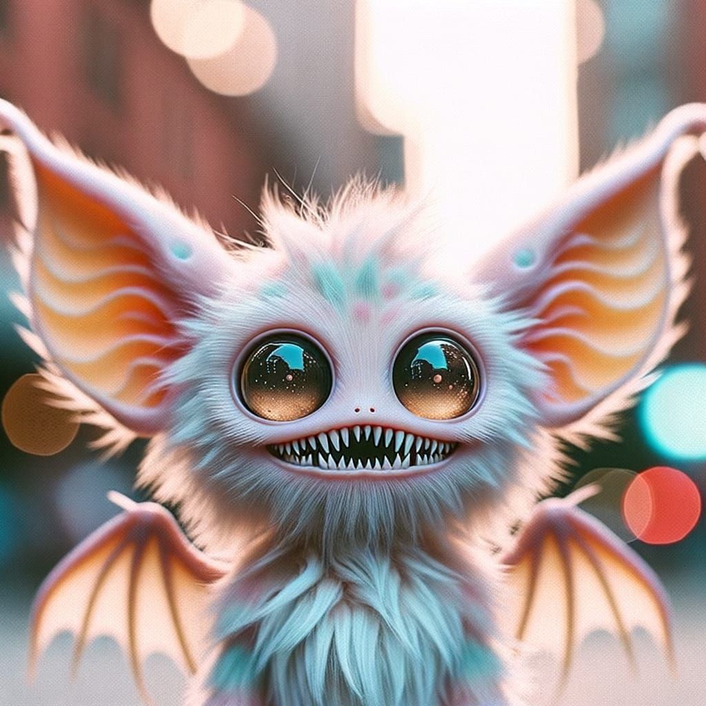Pastel Creature with Sharp Teeth in Bokeh Cityscape