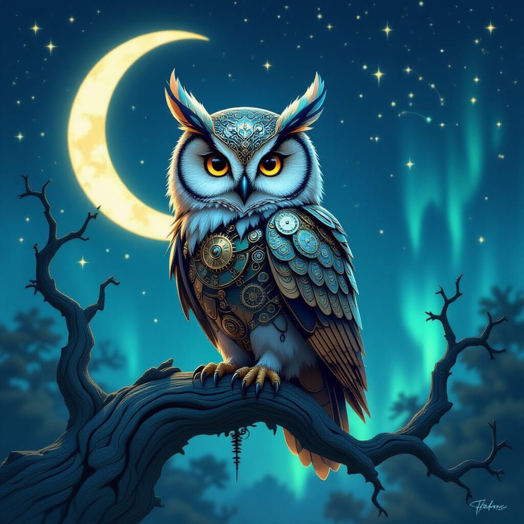 Clockwork Owl on Ancient Branch Under Starry Night