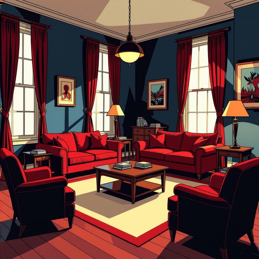 Comic Book Style Room in Brown, Maroon, Navy Blue