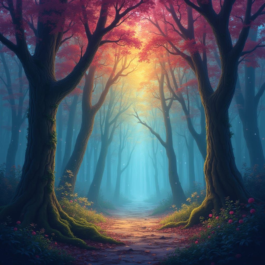 Enchanted Rainbow Forest With Ethereal Light and Magic