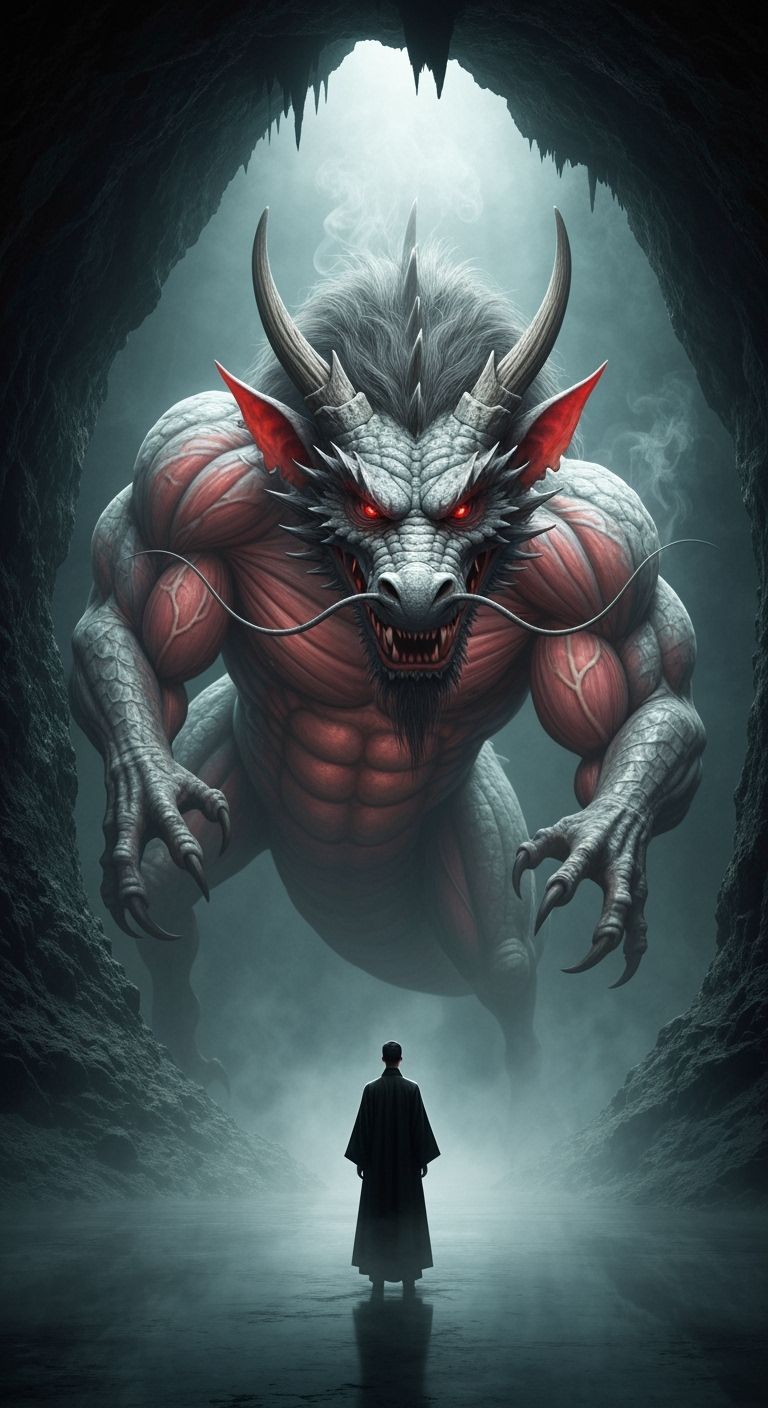 Colossal Dragon and Tiny Human in Dreamlike Cave