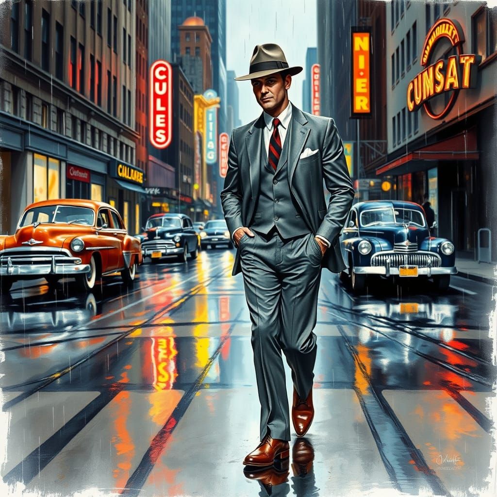 Stylish 1950s Gentleman in Rainy Cityscape