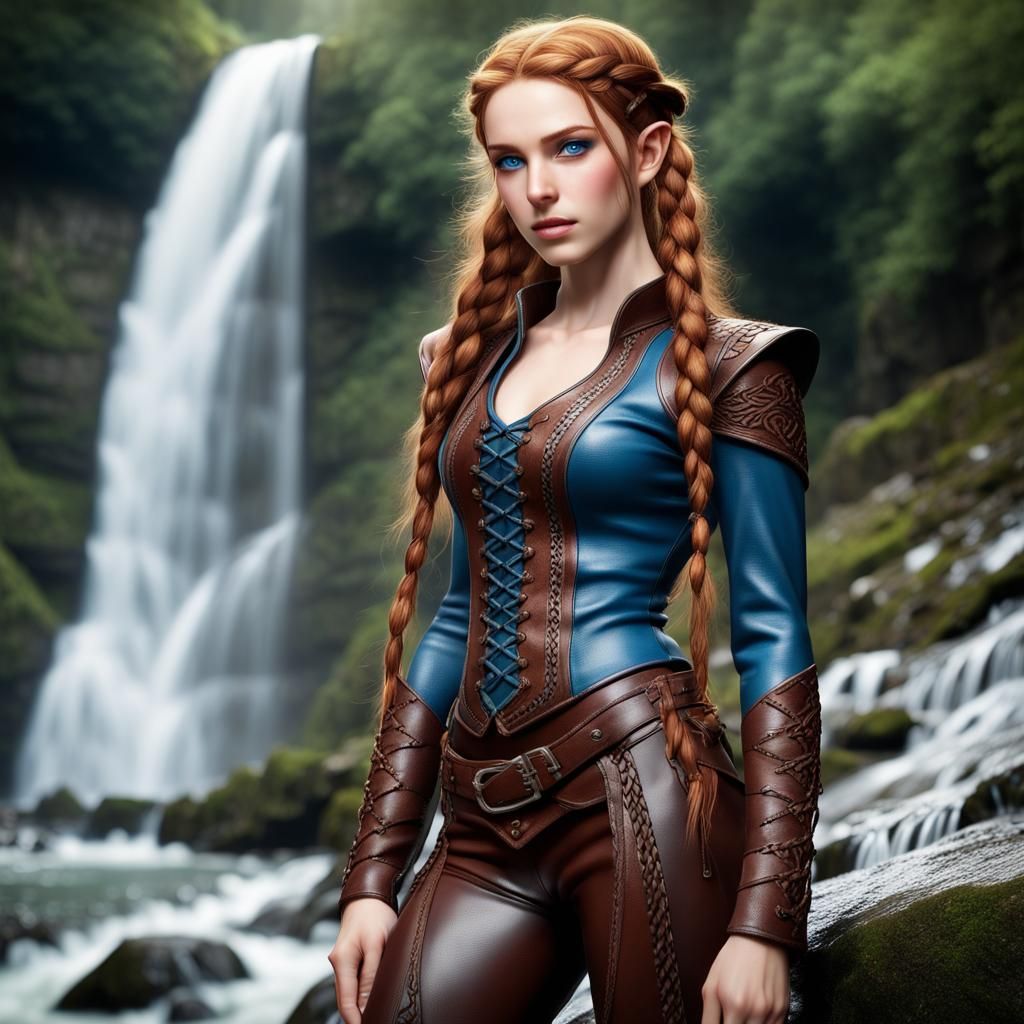 Beautiful Elf with Braided Hair at Waterfall