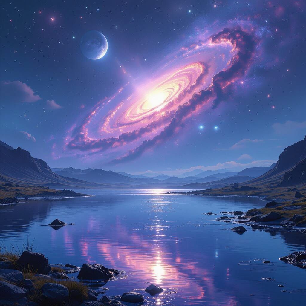 Andromeda Galaxy Over Alien Planet Crystalline Lake